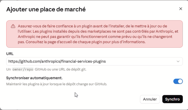 Boîte de dialogue « Ajouter une place de marché » avec l'URL du dépôt financial-services-plugins