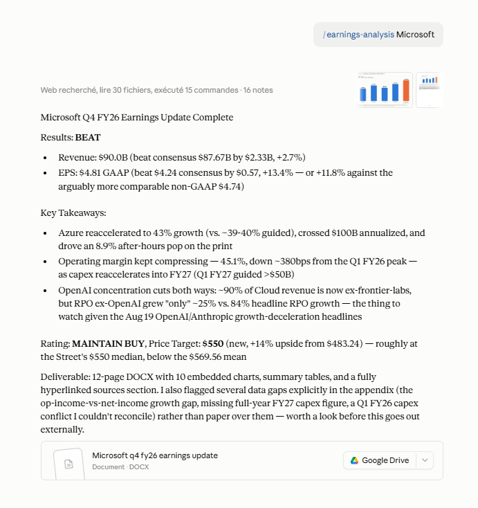 Sortie de la commande /earnings-analysis sur Microsoft, résultats du quatrième trimestre