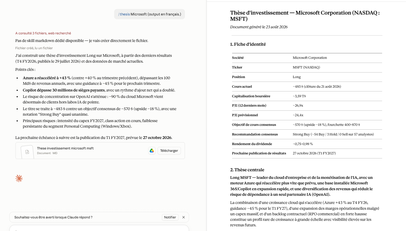 Sortie de la commande /thesis sur Microsoft : fiche d'identité et thèse centrale